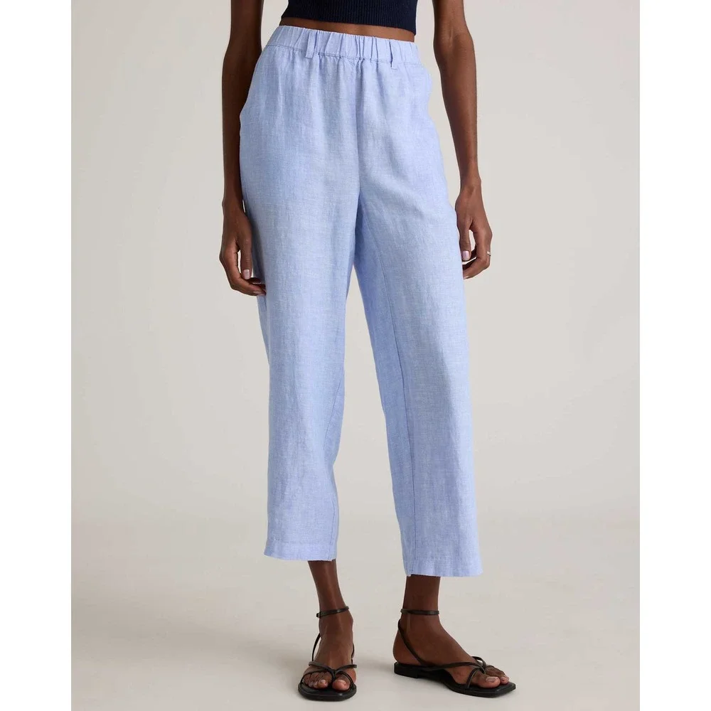 Quince 100% European Linen Pants French Blue Straight Leg Elastic Waist Large